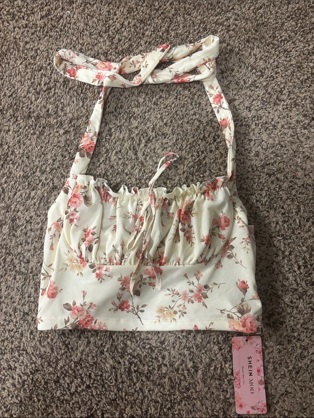 SHEIN Cream Floral Halter Crop Top with Pink Roses
